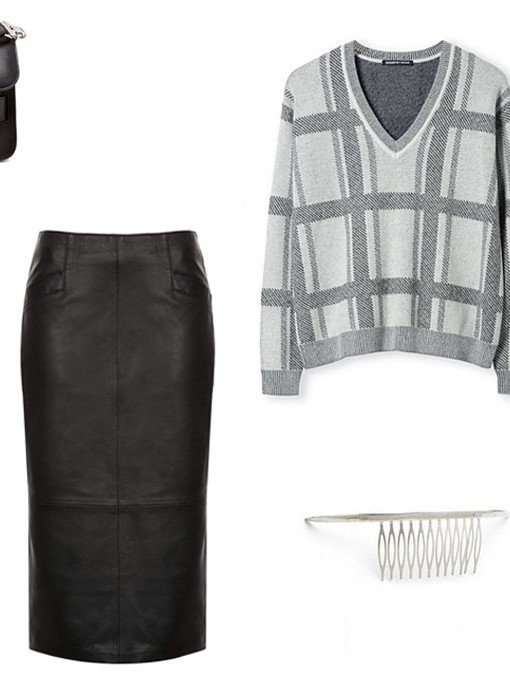 shopbop, christine centenera, leather skirt, check knit, plaid knit, country road, proenza scholar bag, tony bianco, thigh high boots