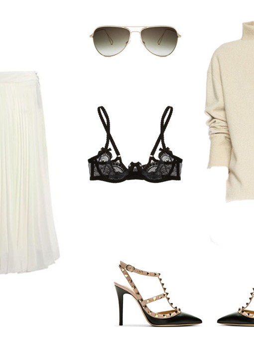 valentino, pleat midi skirt,isabel marant knit, ssense, netaporter, lace bra, melbourne blog, fashion blogger