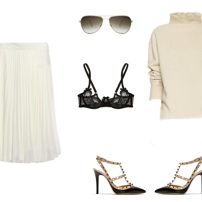 valentino, pleat midi skirt,isabel marant knit, ssense, netaporter, lace bra, melbourne blog, fashion blogger